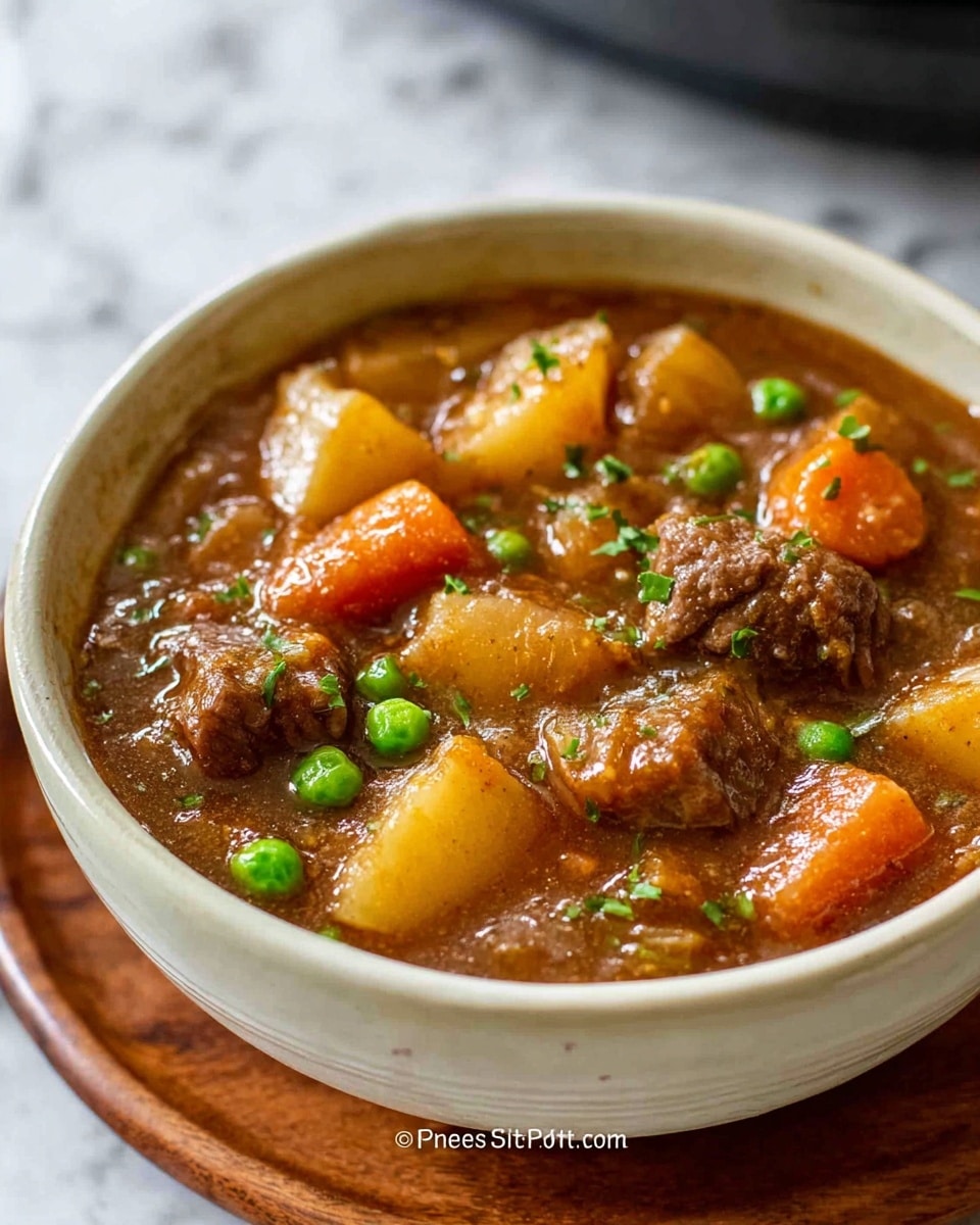 A white bowl filled with chunky beef stew sits on a wooden plate on a white marbled surface. The stew has a thick brown broth base with visible pieces of tender beef, bright orange carrot slices, soft golden potatoes, and green peas scattered throughout. Small bits of herbs are sprinkled on top, adding a touch of green. The texture looks hearty and rich, with the ingredients mixed evenly in the bowl. Photo taken with an iphone --ar 4:5 --v 7