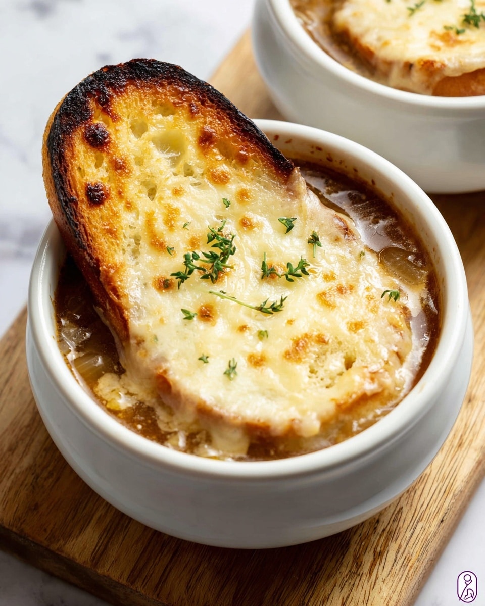 A white round bowl filled with French onion soup, showcasing three visible layers: the bottom layer is a rich, brown onion broth, the middle layer contains soft, translucent cooked onions, and the top layer is a thick, golden-brown melted cheese crust with a slightly crispy edge. A piece of toasted bread with a charred dark brown edge sits partly submerged under the cheese, leaning on the bowl’s side. Small green herb sprigs are scattered on the melted cheese surface. The bowl is placed on a light wood board resting on a white marbled surface. Photo taken with an iphone --ar 4:5 --v 7