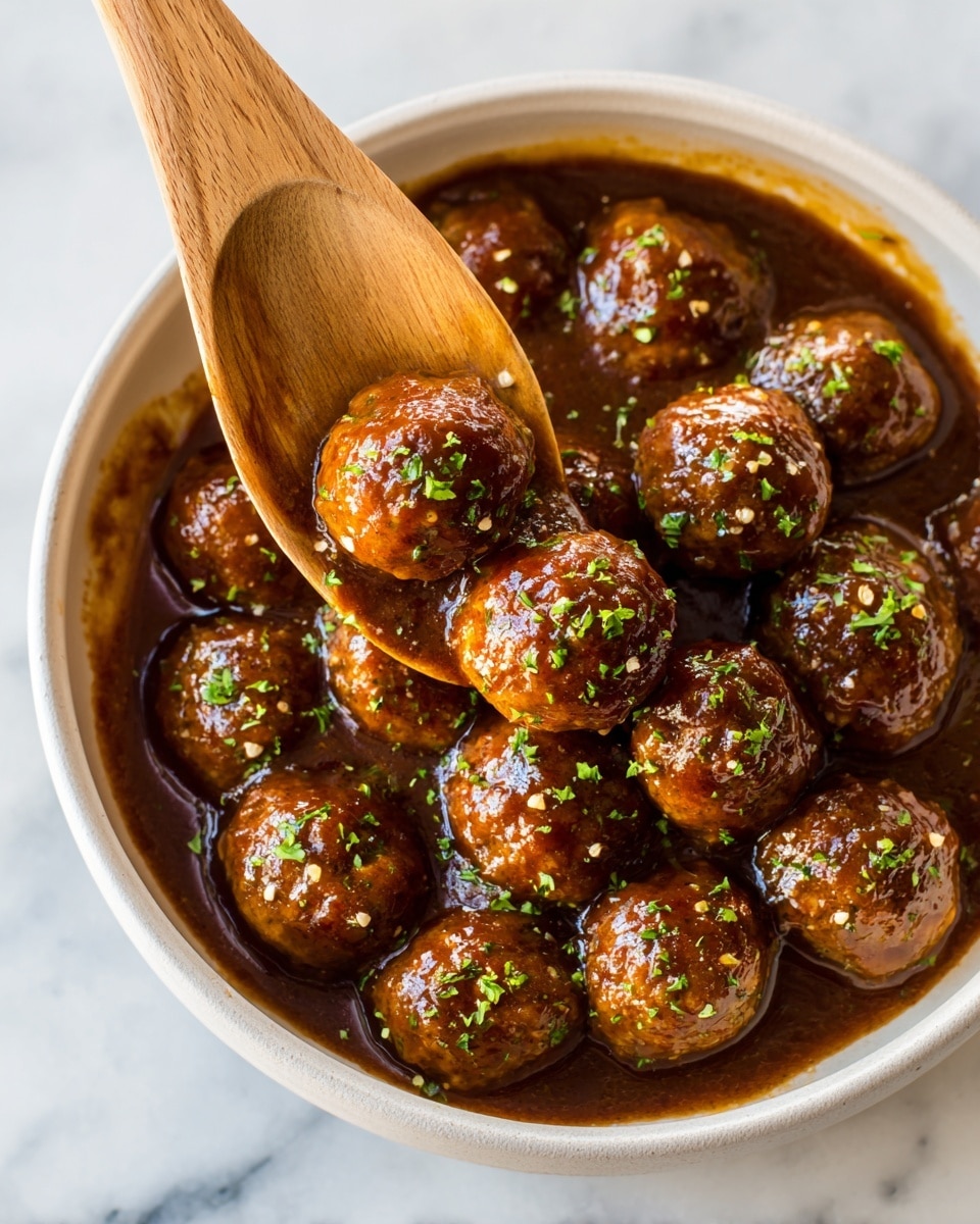 The image shows many small, round meatballs coated in a shiny, thick brown sauce inside a white bowl. The meatballs are sprinkled with small green herbs that add a fresh look. A light brown wooden spoon lifts several meatballs from the bowl, showing the sauce dripping around them. The white bowl has some sauce stains inside, and the whole scene is set on a white marbled surface. photo taken with an iphone --ar 4:5 --v 7