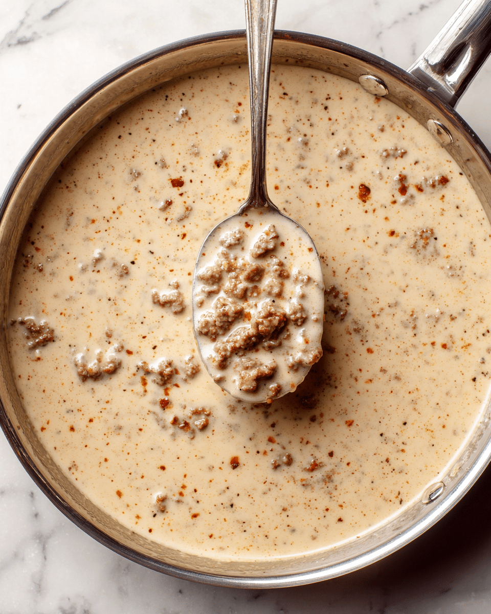 A close-up view of a thick light beige sauce with small chunks of brown meat evenly spread throughout, sitting inside a shiny metal pan on a white marbled surface. A silver spoon is held above the pan, scooping a portion of the sauce, showing its smooth and creamy texture mixed with the small pieces of meat. photo taken with an iphone --ar 4:5 --v 7