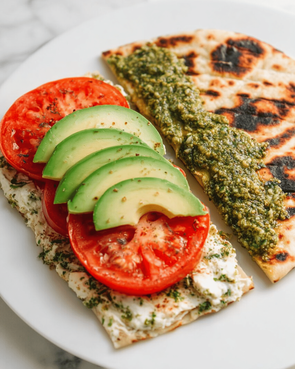 The dish shows an open flatbread sandwich on a white plate, set on a white marbled background. The flatbread is folded in half, with one half spread with a green pesto sauce that has a coarse texture and some charred dark spots on the bread. The other half has three layers: a bottom layer of white creamy spread with green herbs mixed in, topped by bright red tomato slices, and finished with creamy green avocado slices arranged side by side. The colors contrast well with the lightly toasted flatbread. photo taken with an iphone --ar 4:5 --v 7