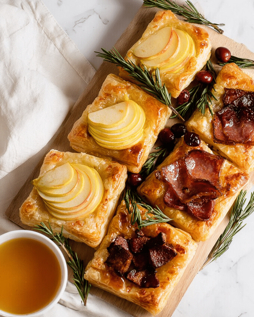 The image shows a wooden board holding eight square puff pastry slices with different toppings. Some slices have thin yellow apple slices arranged in layers on top of a golden, flaky crust, showing a flaky and lightly browned texture. Other slices have pieces of dark-brown, slightly crispy meat, and a few display reddish-brown pepperoni slices, each slice layered on a golden pastry base. Small sprigs of green rosemary and a few dark red cranberries decorate the board between the puff pastry squares. A cup with orange-colored sauce is placed on the side on a white marbled surface, and a white cloth is visible on the left side. photo taken with an iphone --ar 4:5 --v 7