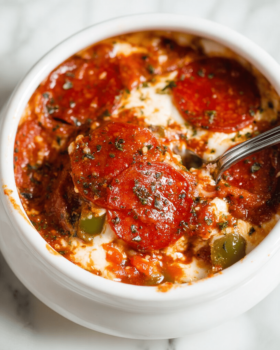 A close-up view of a white bowl filled with layers of a thick, saucy dish. The top layer shows bright red pepperoni slices with dark green herbs sprinkled over them. Beneath the pepperoni, there is a mix of melting white cheese and a chunky red tomato sauce with small pieces of green bell pepper visible. The texture looks creamy and slightly grainy, with melted cheese strands stretching from the spoon resting in the bowl. The bowl sits on a white marbled surface. photo taken with an iphone --ar 4:5 --v 7
