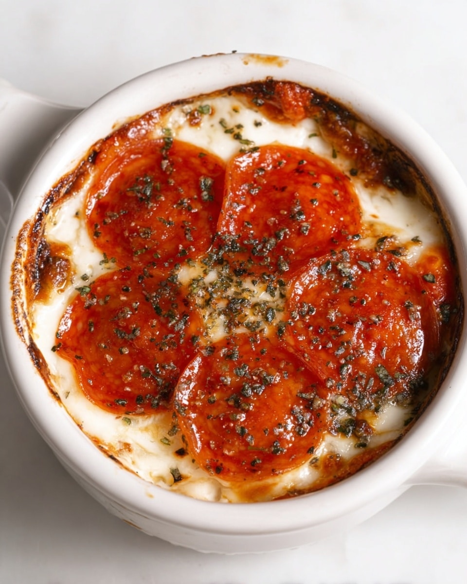 A round white ceramic dish filled with a baked dish topped with four bright red pepperoni slices arranged in a circular pattern, each slice covered in specks of black herbs and spices. Beneath the pepperoni, there is a layer of melted white cheese visible around the edges with slightly browned spots and hints of herbs mixed in. The dish sits on a white marbled surface. photo taken with an iphone --ar 4:5 --v 7