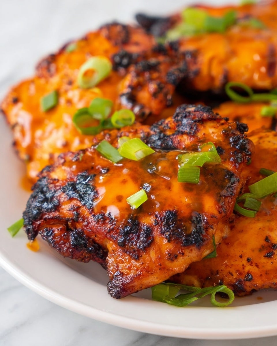 The image shows close-up grilled chicken pieces with a shiny bright orange sauce covering the top layer, giving it a smooth and slightly wet look. The chicken underneath is a golden-brown color with some dark char marks around the edges, showing a slightly rough and crispy texture. On top, there are small pieces of fresh green onion, cut into rings and scattered to add color contrast. The chicken is served on a white plate, placed on a white marbled surface in the background. photo taken with an iphone --ar 4:5 --v 7