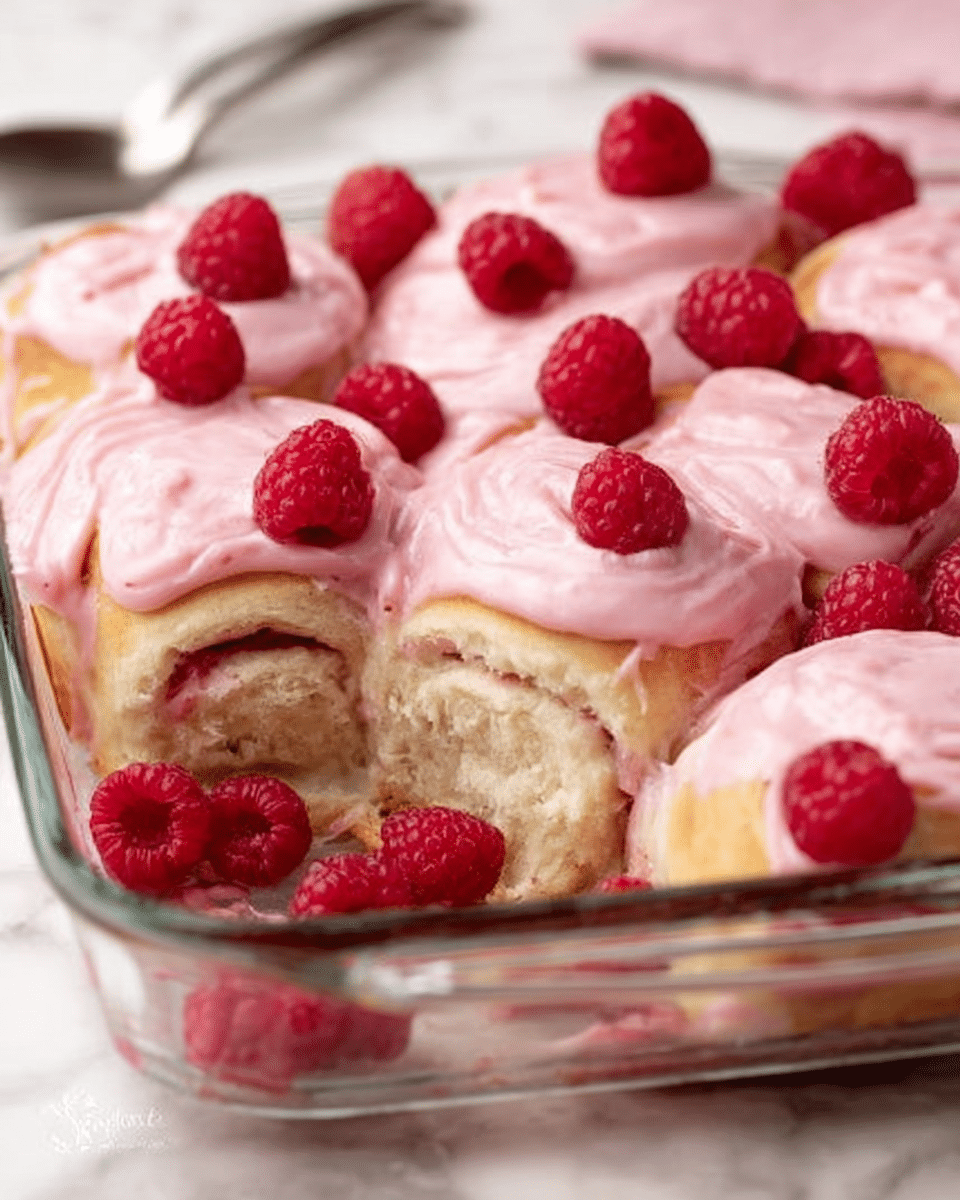The image shows a glass baking dish filled with soft cinnamon rolls covered with thick pink icing. Each roll has a fluffy, light brown base layer with visible soft dough folds. The icing layer is smooth and creamy pink, spread evenly over the top of each roll. Scattered bright red raspberries sit on top of the icing and some rest inside the baking dish around the rolls. The dish is set on a white marbled surface with a silver spoon resting in the top left corner. Photo taken with an iphone --ar 4:5 --v 7