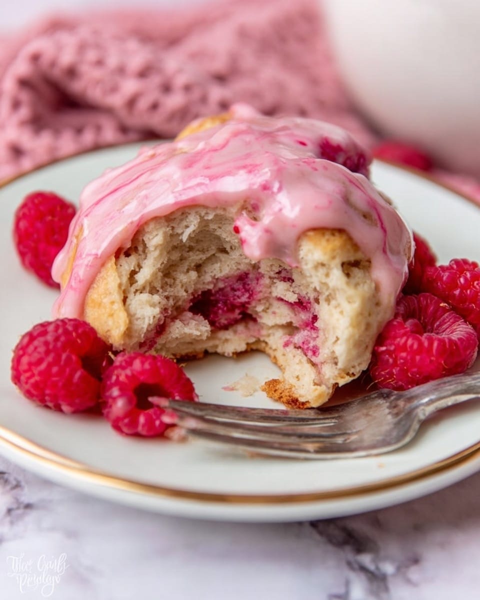 A close-up of a partially eaten soft biscuit with a light golden-brown crust on a white plate with a thin gold rim. The biscuit is split open, showing a fluffy, light beige inside with visible bits of raspberry jam swirled within. A thick layer of pink raspberry icing with a glossy texture drips over the top, slightly melting down the sides. Fresh red raspberries are scattered around the biscuit on the plate. A silver fork lies near the bottom right edge of the plate. The background features a white marbled surface with a soft pink textured cloth. Photo taken with an iphone --ar 4:5 --v 7
