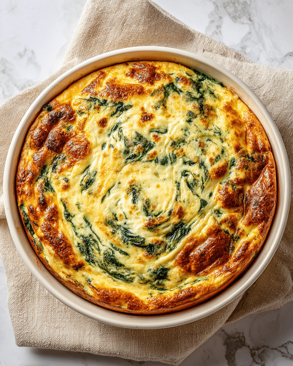 A round baked dish in a white ceramic bowl with a golden brown top layer that looks soft and slightly cracked, showing a green spinach mixture underneath. The spinach layer is mixed with a light cream-colored batter, creating a marbled effect with swirls of green and beige. The edges of the bowl have some baked-on marks, giving it a homemade look. The bowl rests on a beige cloth over a white marbled surface photo taken with an iphone --ar 4:5 --v 7