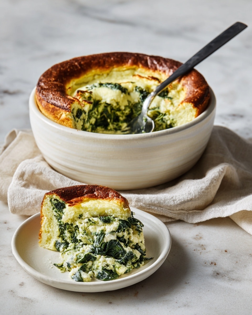 A round white ceramic dish holds a baked spinach and cheese souffle with a golden brown top layer, cracked open to reveal a moist, green spinach and creamy cheese filling underneath. A spoon with a black handle rests inside the dish, scooping out a portion. In front of the dish is a small white plate with a serving of the souffle, showing the same two textures: a browned, soft outer layer and a vibrant green, cheesy inside. Both the dish and plate sit on a light beige cloth over a white marbled textured surface. Photo taken with an iphone --ar 4:5 --v 7
