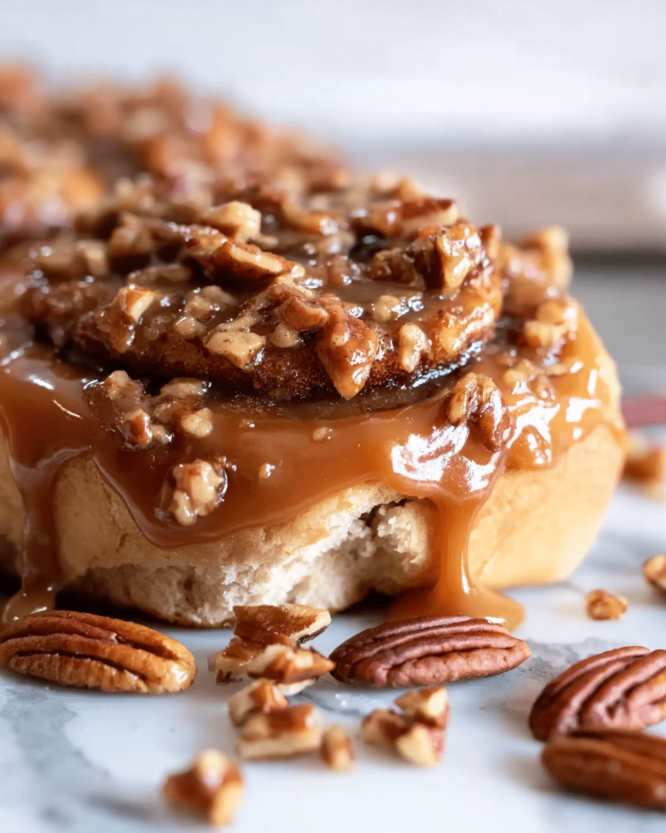 The image shows a close-up of a cinnamon roll covered with a thick, sticky caramel glaze that drips down the soft, golden-brown layers of the roll. The top is sprinkled generously with chopped pecans that add a crunchy texture and warm brown color, contrasting with the shiny caramel glaze. The rolled layers of dough beneath are light golden and fluffy, visible through the glaze and nuts. Around the roll, whole pecans are placed on a white marbled surface, adding to the cozy and sweet atmosphere. photo taken with an iphone --ar 4:5 --v 7