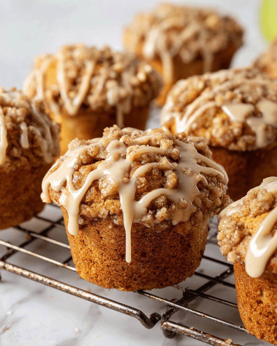 The image shows a close-up of six round muffins with a crumbly light brown texture and raisins inside. Each muffin has white icing drizzled unevenly on top, adding a shiny contrast to the golden-brown crumb topping. The muffins rest on a dark wire cooling rack with a white marbled surface underneath, giving the whole scene a clean and fresh look. The muffins are slightly cracked on top, showing a crunchy texture mixed with soft parts beneath the icing. photo taken with an iphone --ar 4:5 --v 7