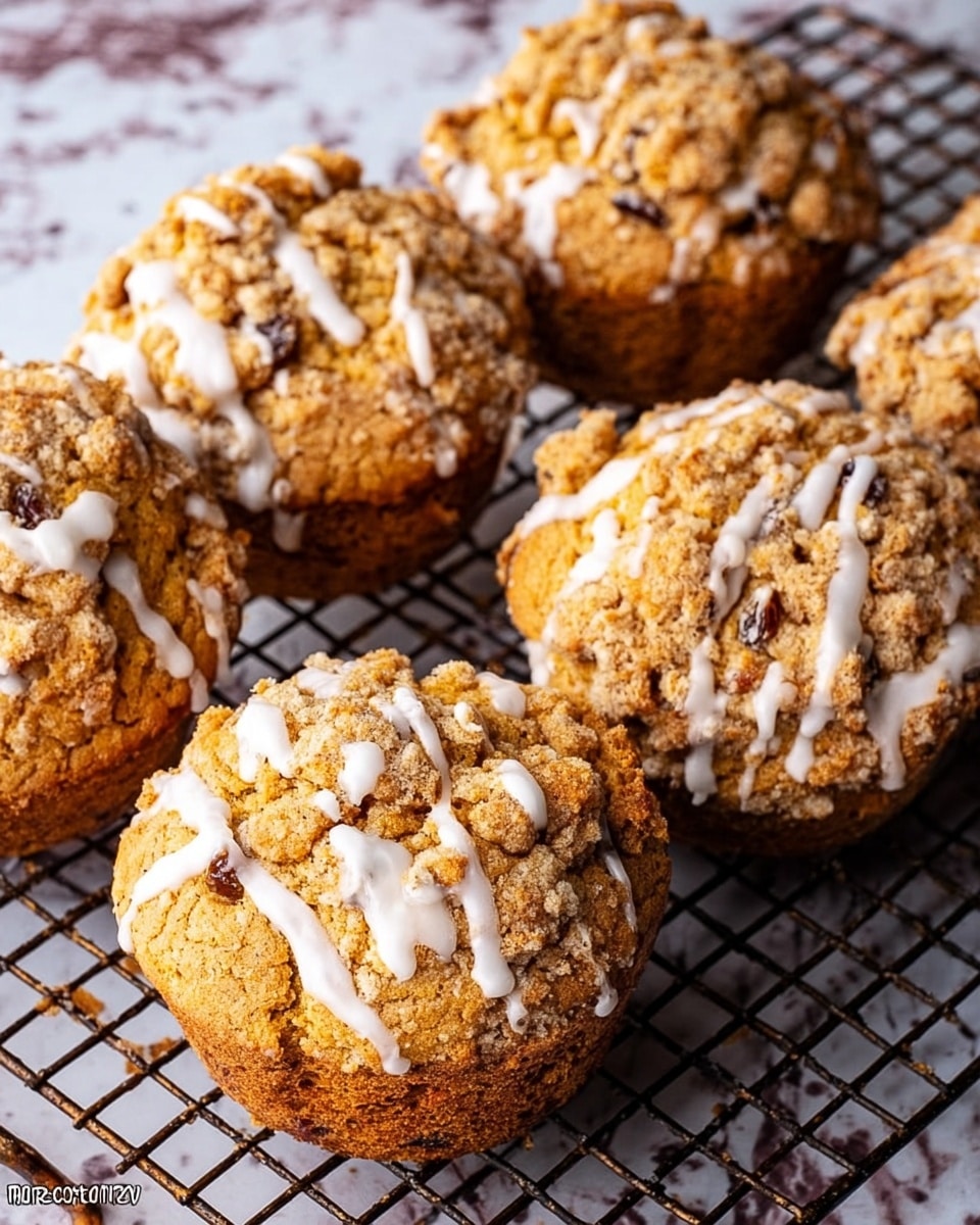 The image shows six crumbly muffins with a crunchy, uneven top texture, covered with thin white icing drizzled in lines over each muffin. The muffins are golden brown with some darker specks and crumbs, sitting closely on a wire cooling rack. The background is a white marbled texture that contrasts with the warm tones of the muffins. photo taken with an iphone --ar 4:5 --v 7