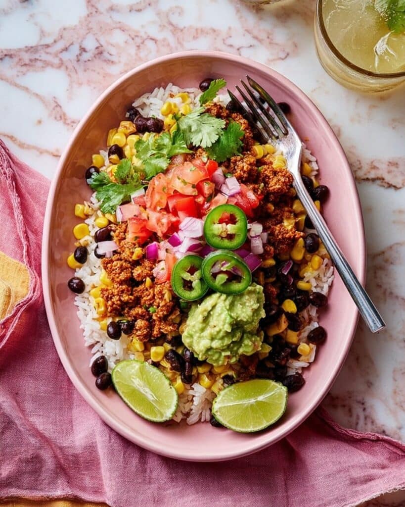 Vegetarian Burrito Bowl with Cilantro Lime Rice and Toppings Recipe