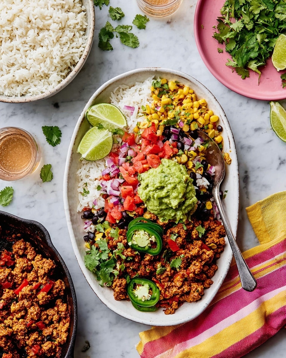 A white oval plate filled with a layered taco bowl starting with a base layer of white rice, scattered with black beans and yellow corn kernels. On top, there are chunks of cooked seasoned ground meat with a reddish-brown color mixed with finely chopped red onions and diced red tomatoes. A spoonful of bright green guacamole sits in the center, surrounded by slices of fresh green jalapeño peppers and bright green cilantro leaves. Two lime wedges rest side by side near the top edge of the plate. A silver fork rests on the right edge of the plate, angled inward. The plate is placed on a white marbled surface, next to a round white bowl filled with white rice, a black skillet with spicy ground meat garnished with cilantro, a small pink plate with more lime wedges and cilantro, and two glasses with a light brown beverage. A striped cloth napkin with yellow, pink, and orange hues lies partially under the plate. photo taken with an iphone --ar 4:5 --v 7