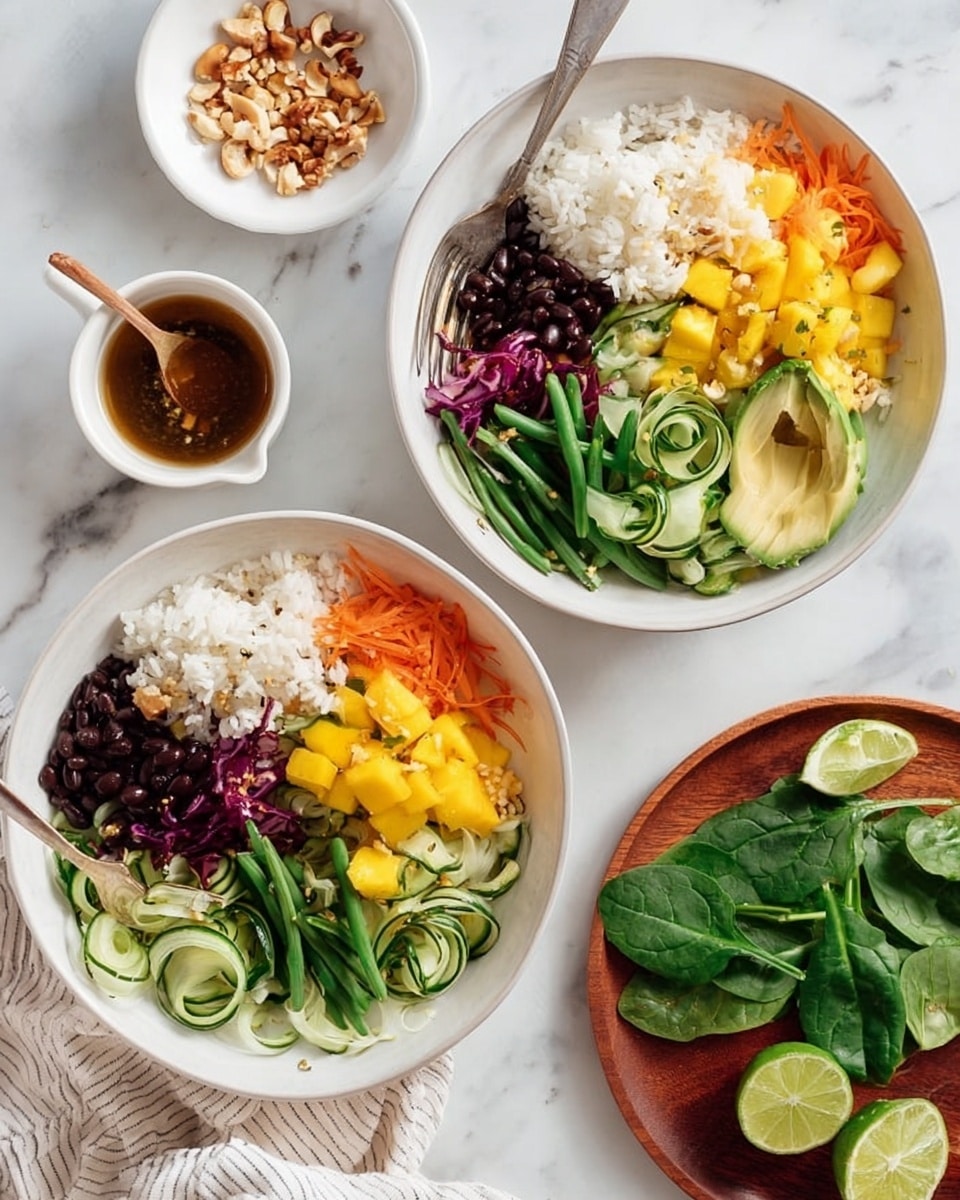 A white bowl filled with layers of fresh, colorful ingredients on a white marbled surface. Starting from the bottom right, there is a dense layer of cooked white rice with a soft texture. Next to it, there are thin slices of pale pickled vegetables with a slightly translucent look. Above this is a bright yellow layer of diced mango cubes sprinkled with white sesame seeds and small bits of nuts. To the left of the mango, thinly sliced orange carrots form a smooth curved layer, followed by thinly sliced green cucumbers with dark green edges and light centers, topped with more sesame seeds. Above the cucumbers are small black beans scattered over more orange carrot slices, then to the left, a layer of shredded pale cabbage with a soft texture. The top left side is filled with chopped bright green snap peas or green beans, also topped with sesame seeds and nuts. A fork rests on the edge of the bowl, and part of a second white bowl with similar ingredients is visible at the bottom left. A small white bowl with dark sauce and a wooden spoon is on the right side. The whole scene is on a soft white marbled background, giving a fresh and clean look. Photo taken with an iphone --ar 4:5 --v 7