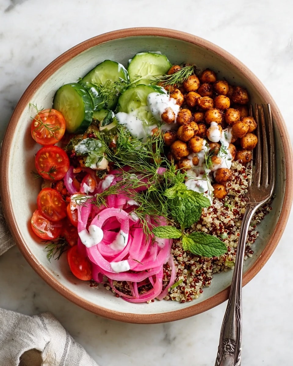 A bowl features a base layer of mixed quinoa grains in cream, brown, and red shades, topped with scattered crispy browned chickpeas. On one side, bright green cucumber slices fan out, and next to them, pickled pink onion spirals form a small pile. Halved red cherry tomatoes add pops of color around the bowl. Fresh green herbs, including mint leaves and dill sprigs, are gathered on one side, adding a vibrant touch. The dish is drizzled with a creamy white sauce, and a vintage silver fork rests on the bowl’s edge. All sits on a white marbled surface. Photo taken with an iphone --ar 4:5 --v 7