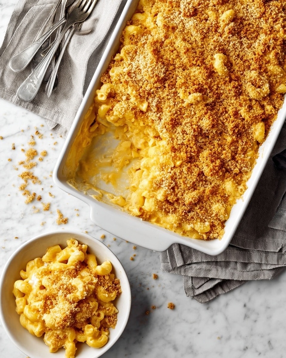 The image shows a close-up of macaroni and cheese in a white square baking dish set on a white marbled surface. The dish has two clear layers: the bottom layer is creamy macaroni coated in smooth, melted yellow-orange cheese sauce, with visible elbow macaroni shapes; the top layer is a thick, crumbly golden-brown breadcrumb crust covering the macaroni evenly. A portion is scooped out from one corner, exposing the soft cheesy pasta beneath the crunchy topping. Photo taken with an iphone --ar 4:5 --v 7