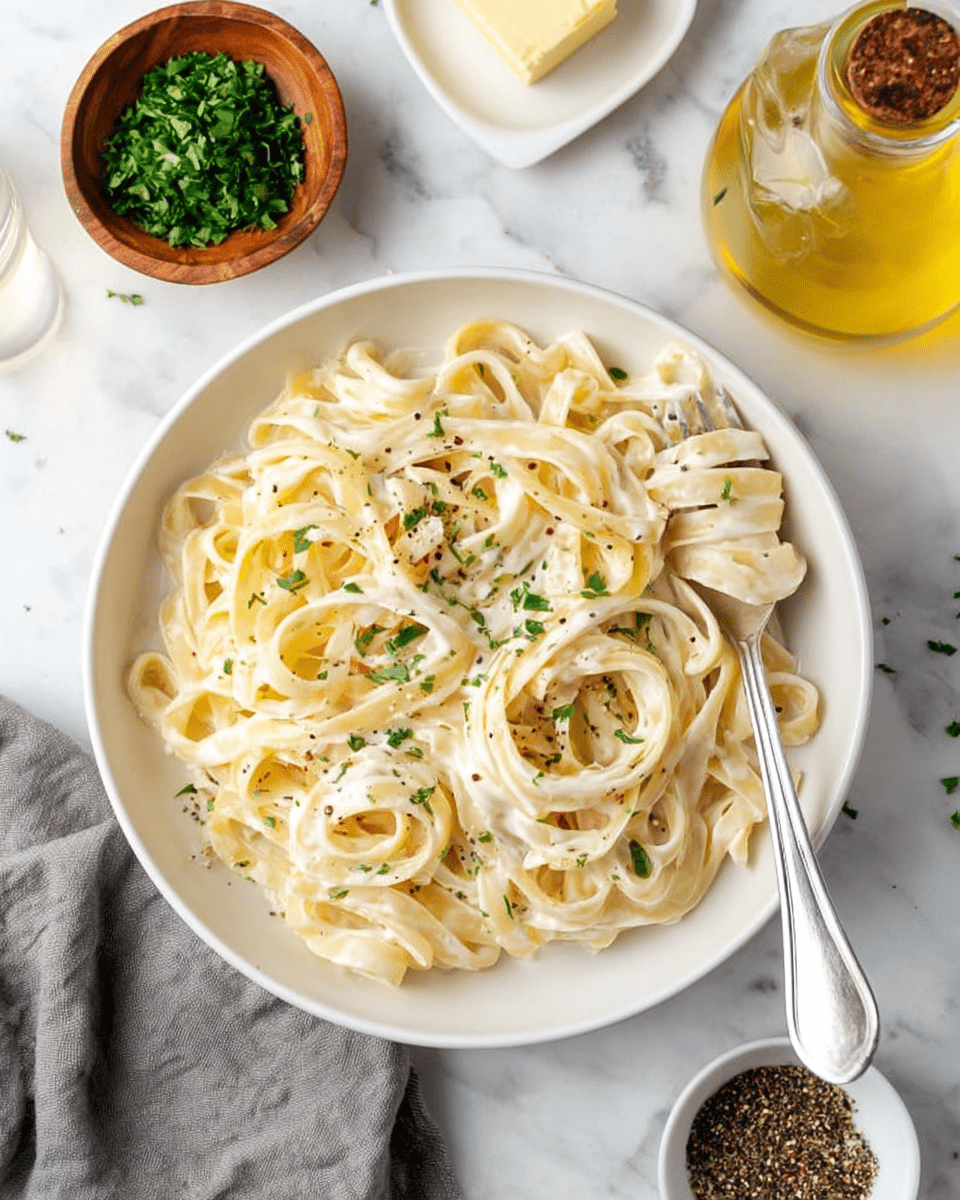 A white shallow bowl holds a serving of creamy fettuccine alfredo pasta, with flat, wide noodles covered in a smooth, white sauce. The sauce looks rich and glossy, lightly scattered with small sprinkles of chopped green herbs and black pepper, adding color contrast. A silver fork rests inside the pasta, twirling a small bunch of noodles on the right side of the bowl. Around the bowl, there is a small wooden bowl filled with chopped green herbs in the top left corner, a white dish with butter on the left, a glass jar of yellow olive oil at the bottom right, and a small white bowl containing black pepper just below the main bowl. All items are placed on a white marbled surface, alongside a gray cloth napkin draped partially off the bottom left edge. Photo taken with an iphone --ar 4:5 --v 7
