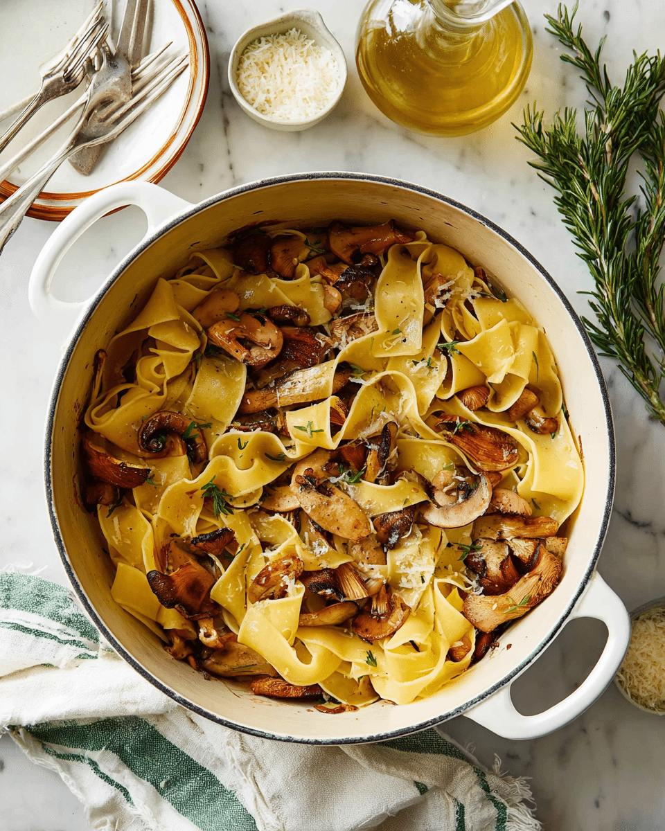 Two white bowls with thick, flat pasta layered with golden-brown sautéed mushrooms scattered on top. The pasta is pale yellow with a smooth texture, twisted softly, and mixed with dark brown and orange mushrooms, some shiny and some matte. Green parsley leaves are sprinkled throughout the dish for a fresh pop of color. A dusting of finely grated white cheese covers parts of the pasta and mushrooms. One bowl sits closer to the camera with a spoon and fork beside it on a beige cloth with green stripes, and the other bowl is partly visible at the top with two silver forks resting in it. A small white bowl filled with grated cheese and a glass of pale yellow sparkling drink are on the white marbled surface around the bowls. photo taken with an iphone --ar 4:5 --v 7