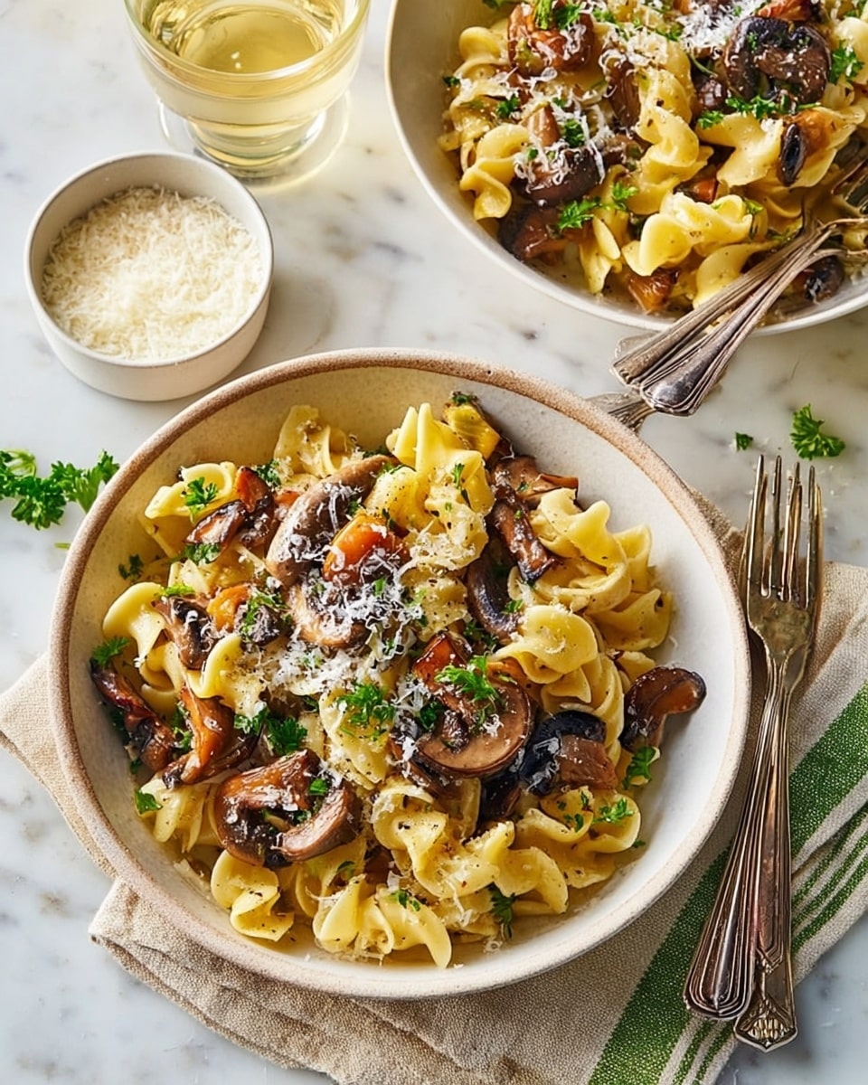 A white pot filled with wide, flat yellow pasta ribbons mixed with various cooked mushrooms in shades of brown and tan, some with a slightly crispy texture on top. The pasta and mushrooms are loosely layered, showing a mix of smooth and textured surfaces. The pot sits on a white marbled surface with a white plate edged with brown nearby, holding a fork and spoon, a sprig of rosemary, a clear glass bottle of light golden oil, and a small white bowl containing grated cheese. A white cloth with green stripes is partially visible under the pot. photo taken with an iphone --ar 4:5 --v 7