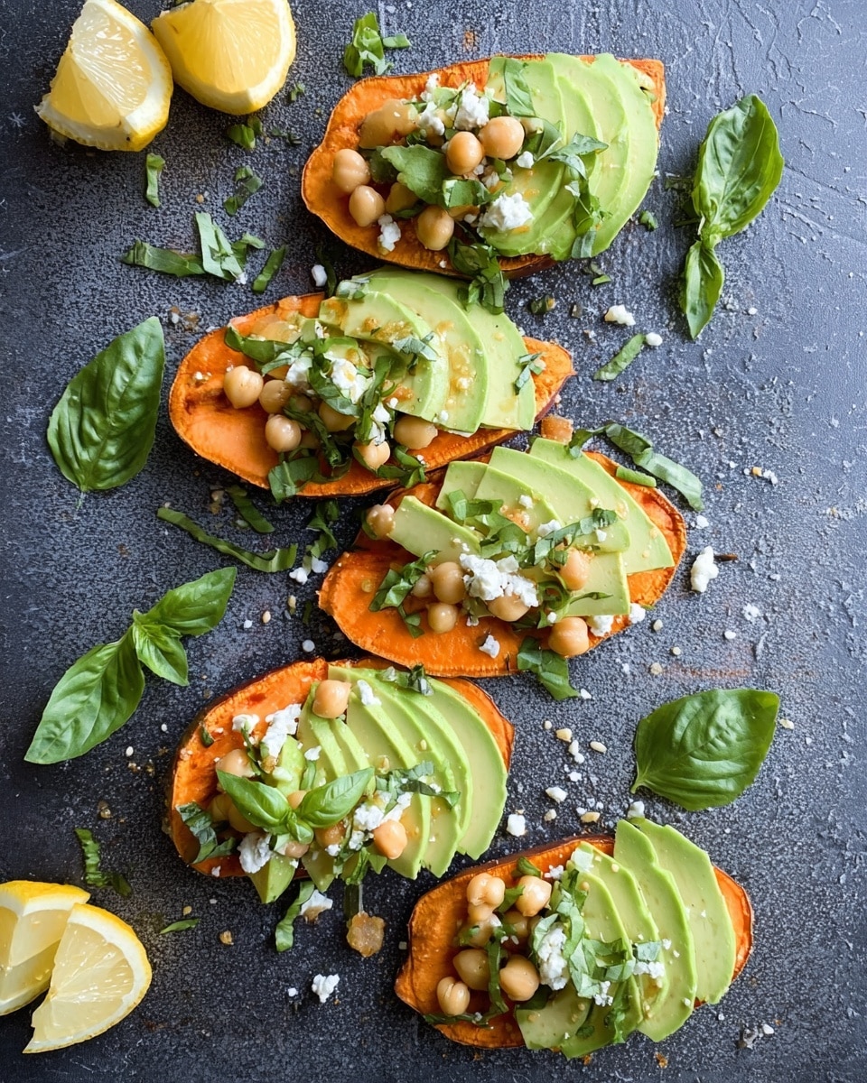 The image shows six pieces of bright orange roasted sweet potato slices arranged on a white marbled surface. Each slice is topped with layered creamy light green avocado slices, fresh green cucumber pieces, and scattered beige chickpeas. White crumbled cheese and small whole green basil leaves are sprinkled on top and around the slices. There is a halved lemon at the corner adding vibrant yellow to the scene. The overall layout is fresh and colorful with a mix of textures and green garnishes. Photo taken with an iphone --ar 4:5 --v 7