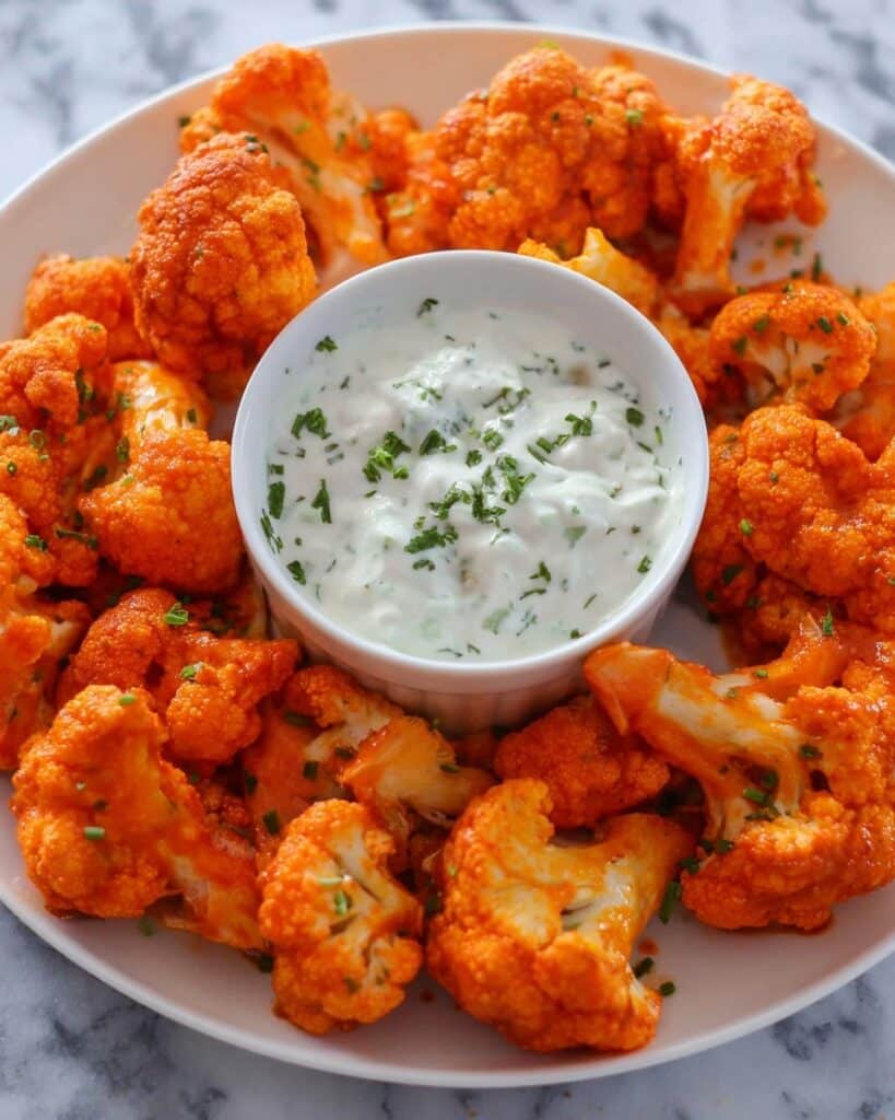 Buffalo Chicken Tenders and Crispy Buffalo Cauliflower with Caramelized Onion Chive Greek Yogurt Dip Recipe