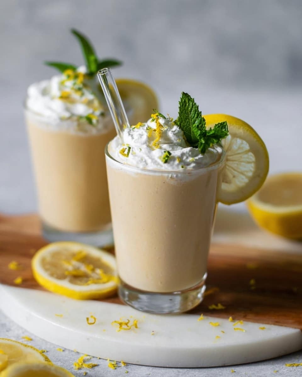 Two glasses filled with a creamy pale yellow drink, each glass showing a thin round slice of lemon pressed against the inside surface. The drink is topped with a fluffy white whipped cream layer, garnished with a small bright green sprig of mint and thin lemon peel curls. A clear glass straw is placed in one glass. Both glasses sit on a white marbled surface with some scattered lemon zest and a wooden board partly visible under one glass. Photo taken with an iphone --ar 4:5 --v 7