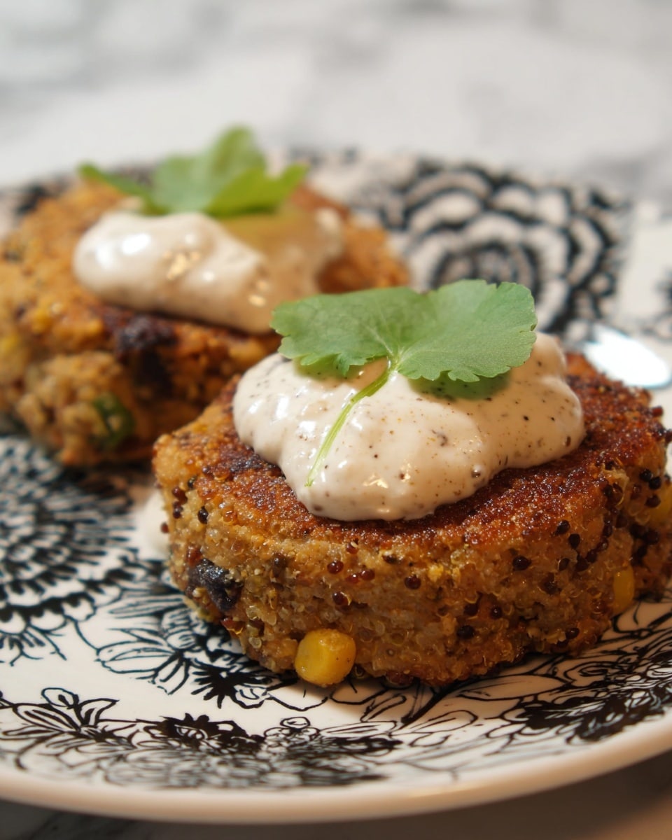 The image shows two golden-brown patties with a rough and grainy texture, made from small grains and mixed with green herbs, yellow corn, and dark beans. Each patty is topped with a dollop of creamy white sauce that has tiny specks of black, and a fresh green leaf rests on top of the sauce on each. The patties are placed on a white plate with black floral and swirl designs. The background is a white marbled surface. photo taken with an iphone --ar 4:5 --v 7