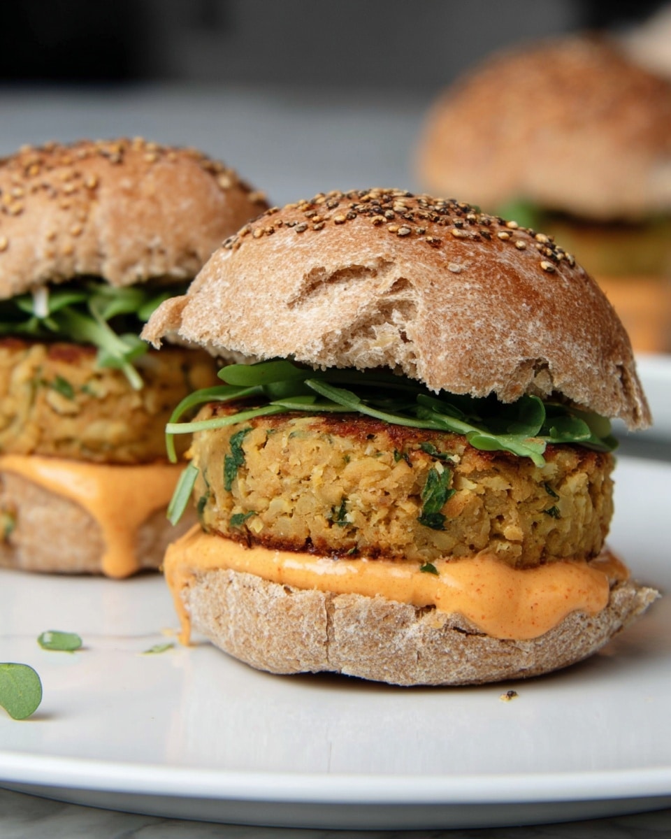 The image shows close-up of two small sandwiches on a white plate set on a white marbled texture surface. Each sandwich has three layers: the bottom layer is a soft whole wheat bun with a rough texture, the middle layer is a round, golden-brown patty with visible green herbs inside, and the top layer is a smooth orange sauce drizzled over the patty, topped with some fresh green leafy herbs. The sandwich is capped with a whole wheat bun sprinkled with sesame and flax seeds; one bun has a small bite taken out of it. In the background, another sandwich is partly visible and slightly out of focus. photo taken with an iphone --ar 4:5 --v 7