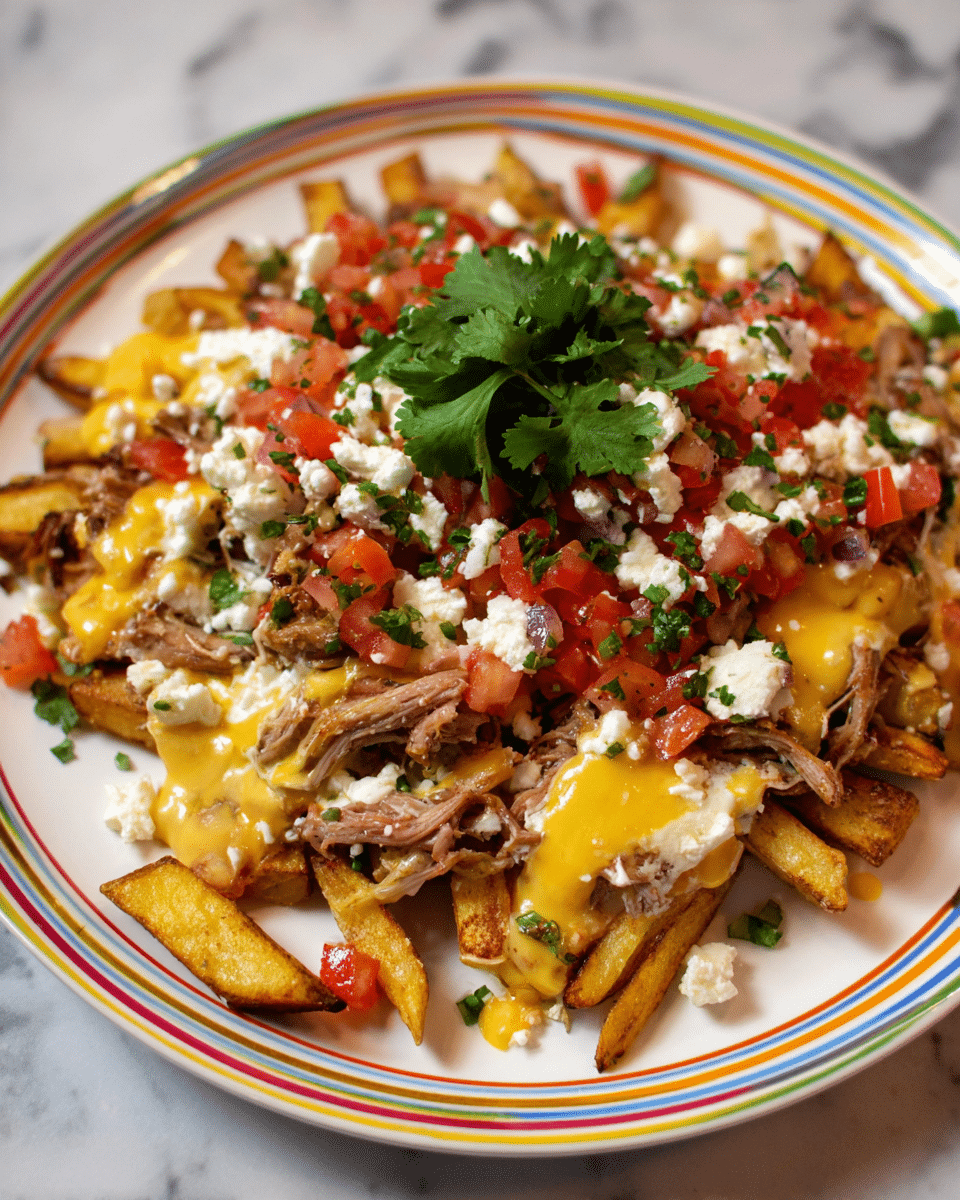 A colorful plate of loaded fries with a base layer of thick, crispy golden-brown potato wedges scattered across a white plate with bright multicolored stripes. On top of the fries is a layer of melted yellow cheese sauce, partly like a drizzle. Above the cheese are small chunks of tender, shredded light brown meat spread evenly. Next, a fresh layer of diced red tomatoes mixed with green herbs and white onion pieces is sprinkled over the meat. The dish is finished with crumbled white cheese scattered generously and a small bunch of fresh green cilantro leaves placed in the center. The whole scene is set against a white marbled texture photo taken with an iphone --ar 4:5 --v 7