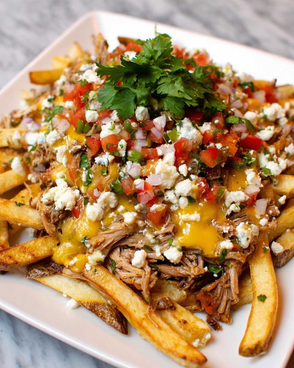 A colorful dish presenting a base layer of thick, golden-brown potato wedges arranged in a random pile on a white plate with vibrant stripes around the edges. On top of the potatoes is a generous layer of melted yellow cheese sauce, creamy in texture, melting over the wedges. Over the cheese, piles of shredded light brown meat are spread evenly, giving a tender look. Scattered over the meat are small, bright red tomato pieces mixed with finely chopped green herbs, adding fresh color. White chunks of crumbly cheese are sprinkled across the dish, contrasting with the other colors. A small bunch of fresh green cilantro leaves sits on top in the center to finish the look. The plate sits on a white marbled surface. Photo taken with an iphone --ar 4:5 --v 7