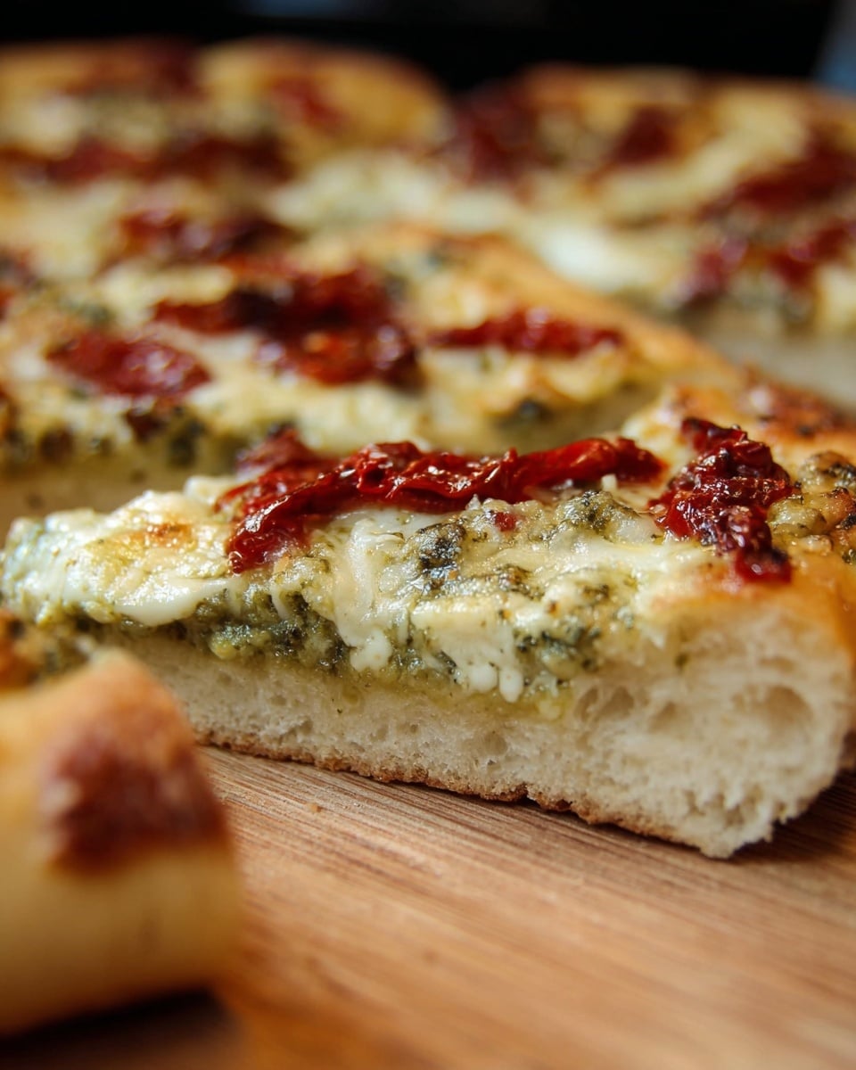 A close-up view of a thick slice of pizza with a soft, light beige crust at the base. The first layer is a light green pesto spread that peeks through the edges. Above this, there is a thick layer of melted creamy white cheese with a slightly shiny texture covering the top surface. Scattered unevenly are dark red sun-dried tomato pieces that add contrast to the cheese topping. The pizza is cut into square pieces visible in the background on a wooden cutting board, with one slice pulled forward showing its fluffy, airy crust. The scene has a simple, warm feel with a white marbled texture underneath. photo taken with an iphone --ar 4:5 --v 7