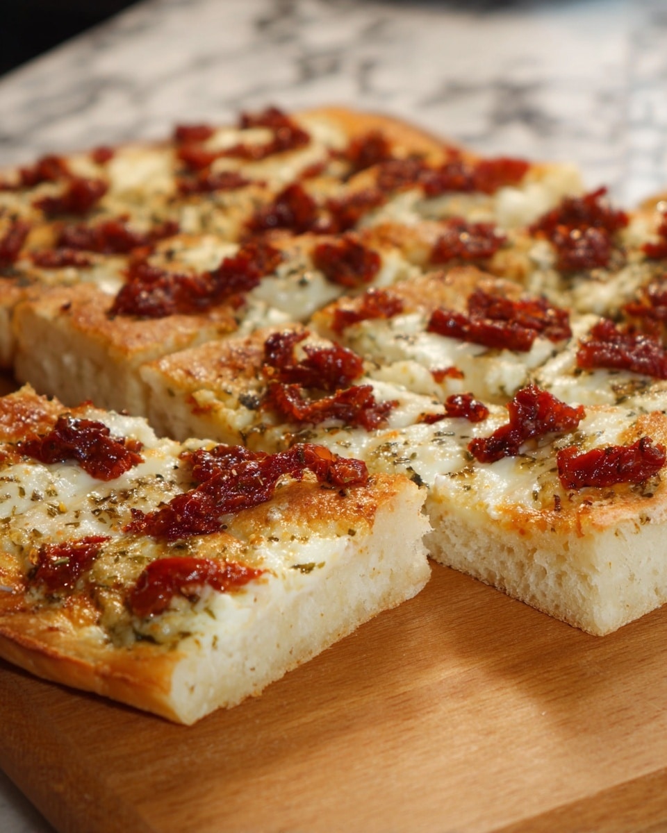 The image shows slices of focaccia bread cut into rectangles arranged on a wooden board. The focaccia has a thick base layer of soft, light golden dough. The top layer is covered with melted white cheese that is slightly browned in places, giving it a creamy and gooey texture. Scattered over the cheese are small chunks of deep red sun-dried tomatoes, adding color contrast and texture. The surface of the cheese also appears to have a sprinkling of herbs, providing subtle green and brown specks. The overall look is warm and inviting, with the bread appearing fluffy and thick, topped with richly melted cheese and vibrant tomato pieces. Photo taken with an iphone --ar 4:5 --v 7
