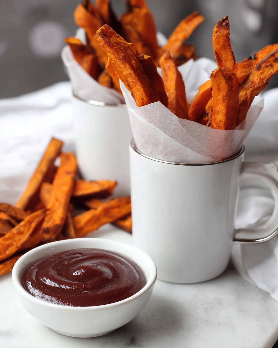 The image shows several orange-brown sweet potato fries with a slightly crispy texture, placed inside white paper cones that are held in a white mug with a black design. The fries are thick and uneven in shape, giving a rustic look. In front of the mug, there is a small white ramekin filled with smooth, dark reddish-brown barbecue sauce that has a shiny surface and subtle swirls. The background is a white marbled texture. photo taken with an iphone --ar 4:5 --v 7