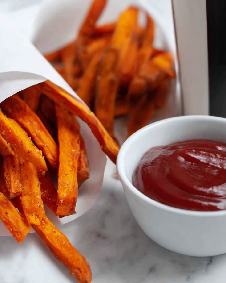 A close-up image shows a bunch of orange sweet potato fries placed upright in a white paper cone on the left side, showing a rough and seasoned texture. Next to the fries, in the front center, is a white round bowl filled with glossy, thick red ketchup that has a few gentle swirls visible on the surface. On the right side, there is a white cup with a large black label partially visible. All items rest on a white marbled surface. photo taken with an iphone --ar 4:5 --v 7
