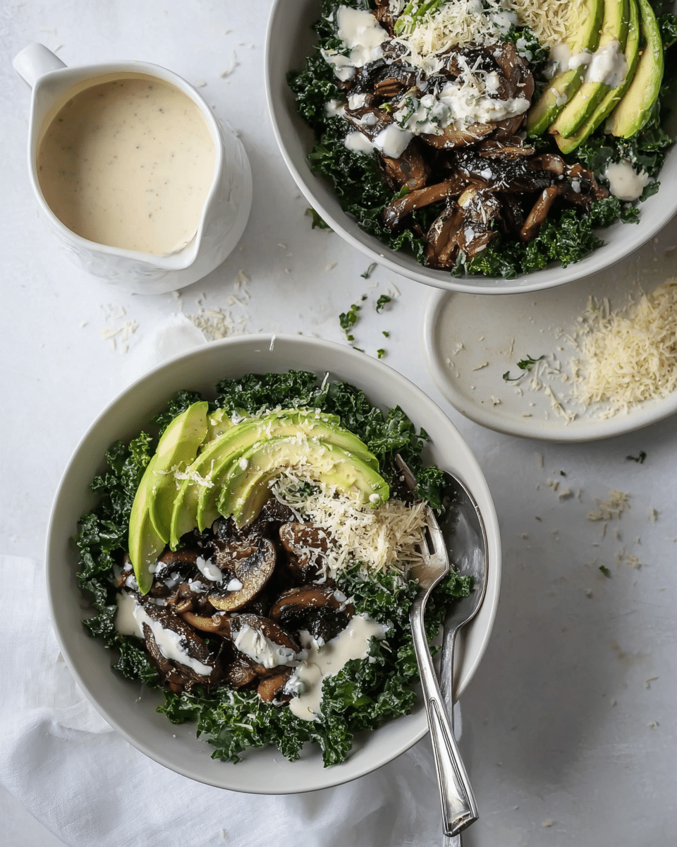 The image shows two white bowls filled with a fresh green kale salad. Each bowl has a base layer of dark green kale leaves with rough edges, topped with sautéed dark brown mushrooms placed in the center. On one side of the bowl, there are two slices of light green avocado with creamy white dressing drizzled over them. The mushrooms and kale are also lightly covered with the same creamy white dressing and a sprinkle of finely grated white cheese. The bowls sit on a white marbled surface, with a small white cup filled with more creamy dressing on a matching white saucer nearby, and some scattered thyme sprigs and mushrooms around. photo taken with an iphone --ar 4:5 --v 7