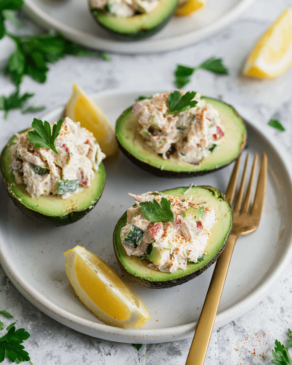 The image shows three avocado halves on a white plate, each filled with a creamy chicken salad mixture that includes bits of red and green vegetables, topped with a small green parsley leaf and a light sprinkle of paprika. Two lemon wedges rest on the plate next to the avocados. There is a shiny gold fork on the right side of the plate. The avocados have dark green skin with a smooth, light green inner flesh holding the white chicken salad. The background is a white marbled texture with scattered parsley leaves. Photo taken with an iphone --ar 4:5 --v 7