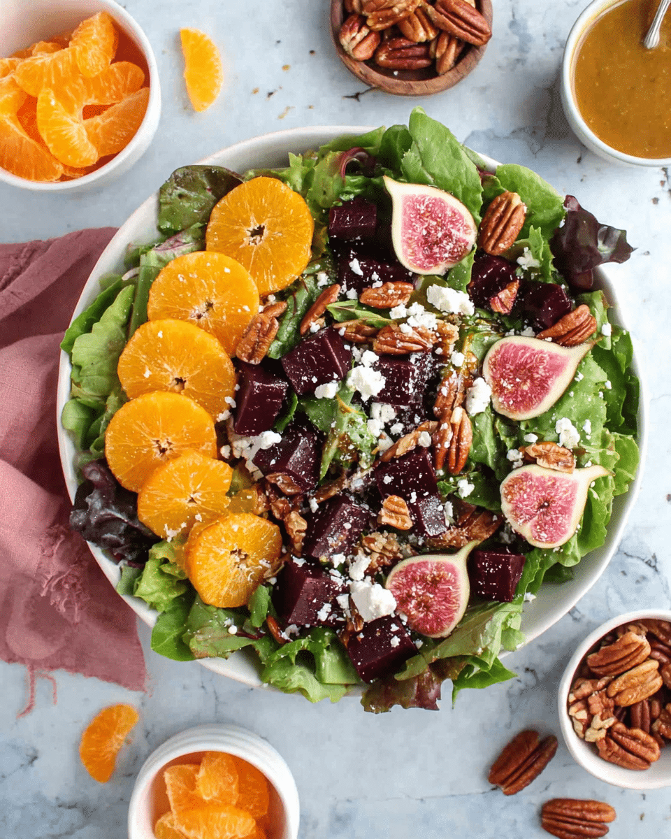 A fresh salad is shown in a white bowl on a white marbled surface, layered with green leafy lettuce as the base. On top, there are round, bright orange slices arranged on one side, and dark red beet cubes scattered all over. Several halved figs with soft pink interiors and seeds are placed among the leaves. Brown toasted pecans are spread between the figs and orange slices, adding texture. White crumbled cheese is sprinkled lightly across the salad, contrasting with the deep colors beneath. A woman's hand may be seen near the edge reaching towards the bowl. Nearby are small white bowls filled with orange slices and dressing, plus extra pecans on the surface. photo taken with an iphone --ar 4:5 --v 7