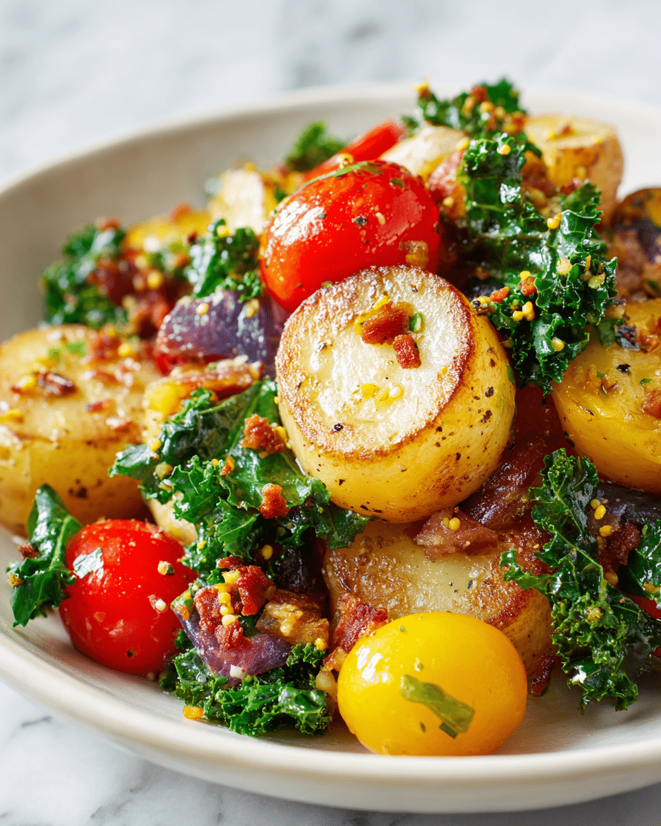 A white bowl filled with a warm potato salad showing about three layers, the first layer has golden brown halved roasted baby potatoes with a crispy texture, the second layer has bright red and yellow halved cherry tomatoes adding fresh color, and the third layer has fresh green leaves scattered throughout, all mixed with small bits of crispy bacon and a grainy mustard dressing visible on the potatoes, the bowl is placed on a white marbled surface next to a striped cloth with a golden spoon resting inside the bowl. photo taken with an iphone --ar 4:5 --v 7
