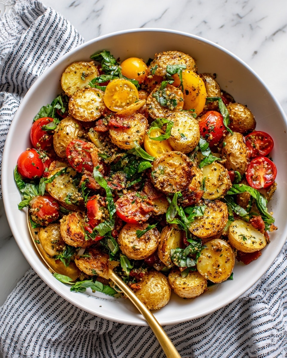 The dish is a close-up view of a mixed potato salad served in a white bowl on a white marbled surface. It has several layers starting with round, golden-brown pan-fried potato halves showing a slightly crispy texture. Mixed in are red and yellow cherry tomatoes, some cut in halves, adding bright pops of color. Fresh green leaves, likely kale or spinach, are scattered across the salad, contributing a fresh leafy texture. Tiny pieces of crispy bacon and small mustard seeds are sprinkled evenly, giving a crunchy and savory contrast. The dish looks glossy with a light dressing that adds a shiny, moist surface to the ingredients. photo taken with an iphone --ar 4:5 --v 7