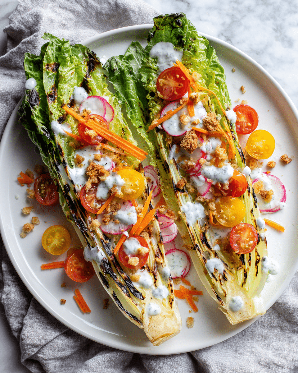 The dish shows two grilled romaine lettuce halves placed side by side on a white plate, each half topped with thin orange carrot ribbons, thin slices of red radish, and halved red and yellow cherry tomatoes. There are small golden-brown toasted croutons scattered on top, along with creamy white dressing drizzled over everything. The romaine has char marks and is bright green with some darkened spots. The plate sits on a crumpled light gray cloth, all on a white marbled surface. Photo taken with an iphone --ar 4:5 --v 7