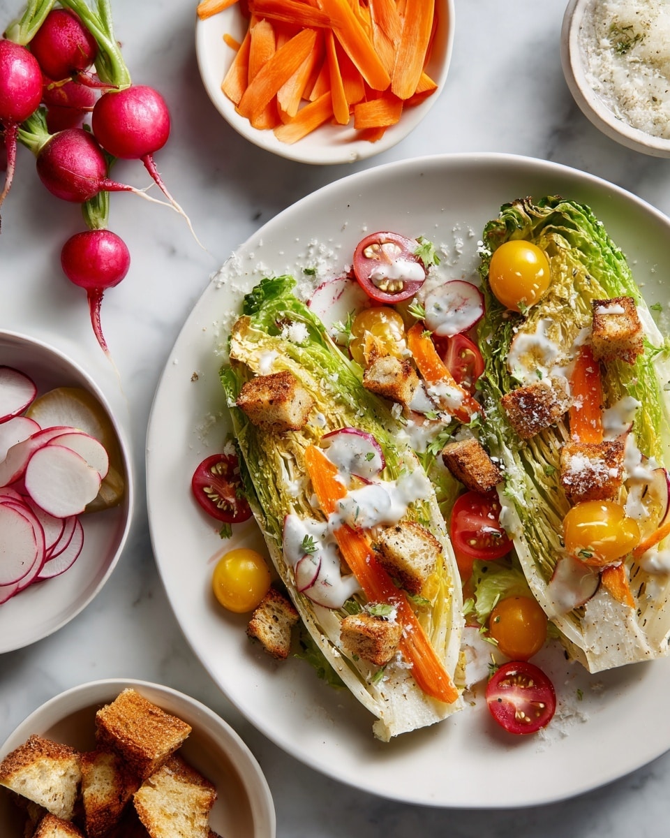 The dish shows two halves of grilled romaine lettuce on a white plate placed on a white marbled surface. Each lettuce half is topped with thin orange carrot ribbons, thin round slices of radish, and halved red and yellow cherry tomatoes. Small golden-brown toasted bread cubes are scattered across the lettuce, all drizzled with a creamy white dressing. There is also a light sprinkling of white grated cheese over the entire salad. Surrounding the plate are white bowls filled with thin carrot slices and toasted bread cubes, with some whole radishes and cherry tomatoes placed nearby. Photo taken with an iphone --ar 4:5 --v 7