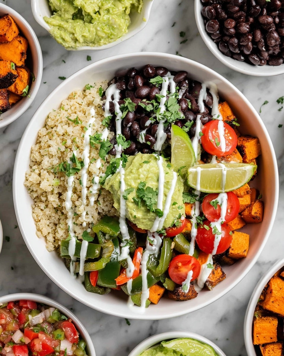 A white bowl contains a healthy layered bowl starting with a base of light beige cauliflower rice topped on one side with dark black beans, on the opposite side green sautéed bell peppers and onions, and bright orange cubed roasted sweet potatoes at the back. In the center are dollops of chunky green guacamole and halved red cherry tomatoes, all drizzled with white creamy sauce and sprinkled with small green cilantro leaves. Two lime wedges sit on top of the guacamole. Surrounding the bowl are smaller white bowls holding black beans, more roasted sweet potatoes, guacamole, lime, and fresh salsa, all set on a white marbled surface. Photo taken with an iphone --ar 4:5 --v 7
