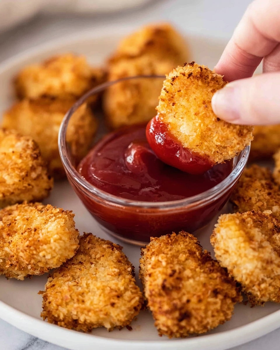 A white plate with a white marbled texture surface holds a circle of golden-brown, crispy breaded chicken nuggets with a rough, crunchy texture. At the center, there is a small clear glass bowl filled with smooth, shiny bright red ketchup. A woman's hand is dipping one chicken nugget halfway into the ketchup, showing the nugget's detailed crunchy coating and the shiny, thick ketchup clinging to its edge. The background is softly blurred, focusing on the nuggets and the bowl. photo taken with an iphone --ar 4:5 --v 7