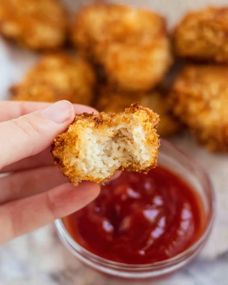 A woman's hand is holding a bite-sized piece of crispy, golden-brown fried food with a crunchy texture on the outside and a soft, light-colored inside. The background shows more pieces of the same fried food slightly out of focus on a white marbled surface. Below the hand, there is a clear glass bowl filled with smooth red ketchup, set on the same white marbled surface. photo taken with an iphone --ar 4:5 --v 7