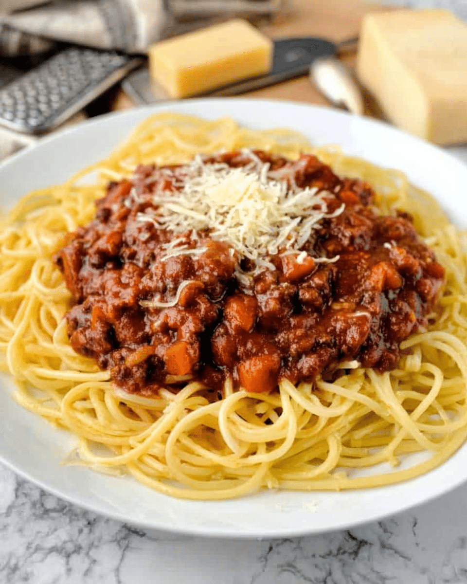 A white plate holds a bed of cooked spaghetti forming the bottom layer, light yellow in color with a smooth, slightly glossy texture. On top sits a thick layer of chunky brown-red meat sauce with visible pieces of carrots and bits of ground meat, spreading evenly across the pasta. The dish is topped with a small amount of shredded white cheese in the center. The plate rests on a white marbled surface with some kitchen tools, including a cheese grater and a butter block, blurry in the background. Photo taken with an iphone --ar 4:5 --v 7