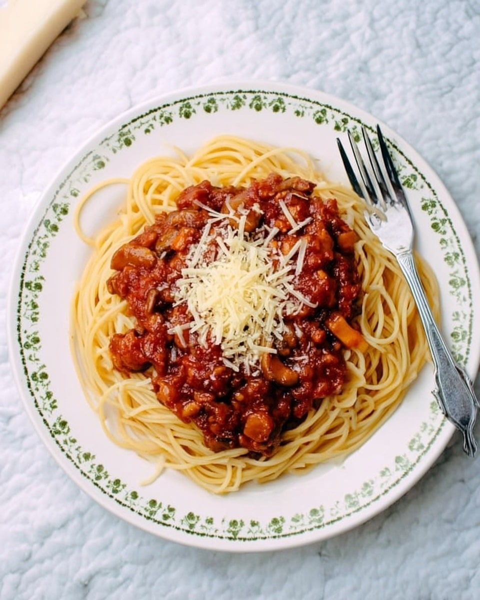 A white round plate with a small green floral pattern holds a serving of spaghetti pasta arranged in a loose nest shape as the base layer, pale golden-yellow and smooth. On top is a thick layer of chunky tomato sauce with pieces of mushrooms and diced vegetables, deep red and brown in color. The dish is finished with a small pile of grated pale yellow cheese sprinkled in the center. A fork lies on the right side of the plate on a white marbled surface, with a woman's hand holding a white-handled utensil partially visible near the top left corner. Photo taken with an iphone --ar 4:5 --v 7