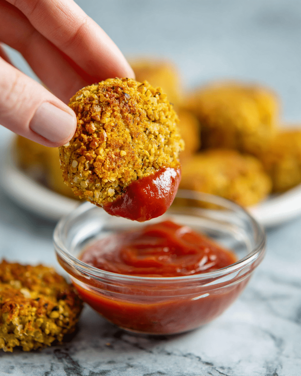 A close-up shows a woman’s hand holding a golden-brown, crumbly falafel piece partially dipped in thick, shiny red sauce inside a clear glass bowl. In the blurred background, more falafel pieces lie on a white plate, all placed on a white marbled surface. The image focuses on the texture of the falafel contrasting with the smooth sauce. Photo taken with an iphone --ar 4:5 --v 7
