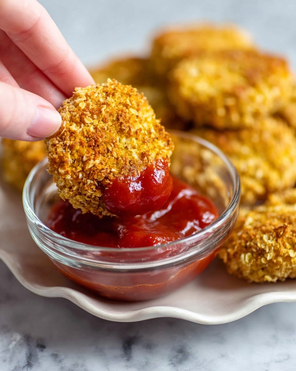 A close-up image showing a golden-brown crispy round nugget with a rough crumbly texture being dipped halfway into a small clear glass bowl filled with thick red ketchup. A woman's hand with visible fingers is holding the nugget gently from the top left corner. In the blurred background, more nuggets are placed on a white plate with a scalloped edge. The bowl sits on a white marbled surface. Photo taken with an iphone --ar 4:5 --v 7