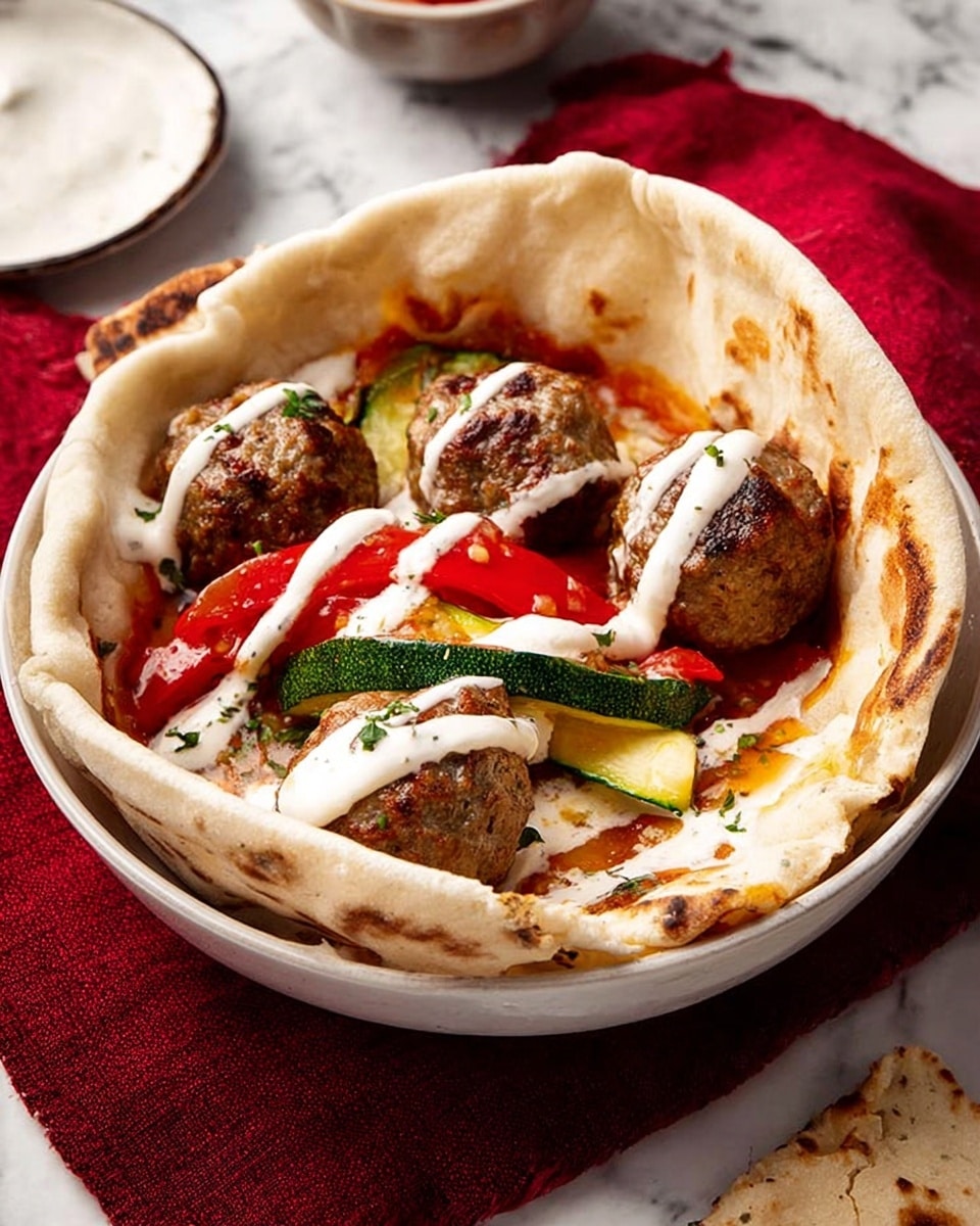 A white bowl holds a soft pita bread cup as the base layer, folded loosely around the edges with light brown spots. Inside, there are four browned meatballs layered with sliced green zucchini and bright red bell pepper pieces. The meatballs and vegetables are coated lightly with a bit of sauce that has a warm orange tone. Drizzled on top is a white creamy sauce in thin lines, garnished with small flecks of green herbs. The bowl is placed on a white marbled surface with a deep red cloth nearby, and a small piece of pita bread and a bowl of white sauce sit at the bottom edge of the frame. Photo taken with an iphone --ar 4:5 --v 7